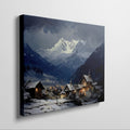 Framed canvas print of a snowy Alpine village with mountain backdrop and evening glow