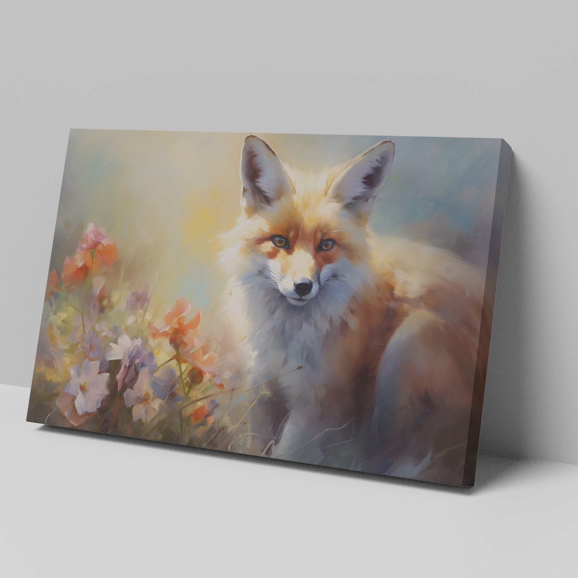 Framed canvas print of a majestic fox among vibrant wildflowers, with warm and impressionistic tones