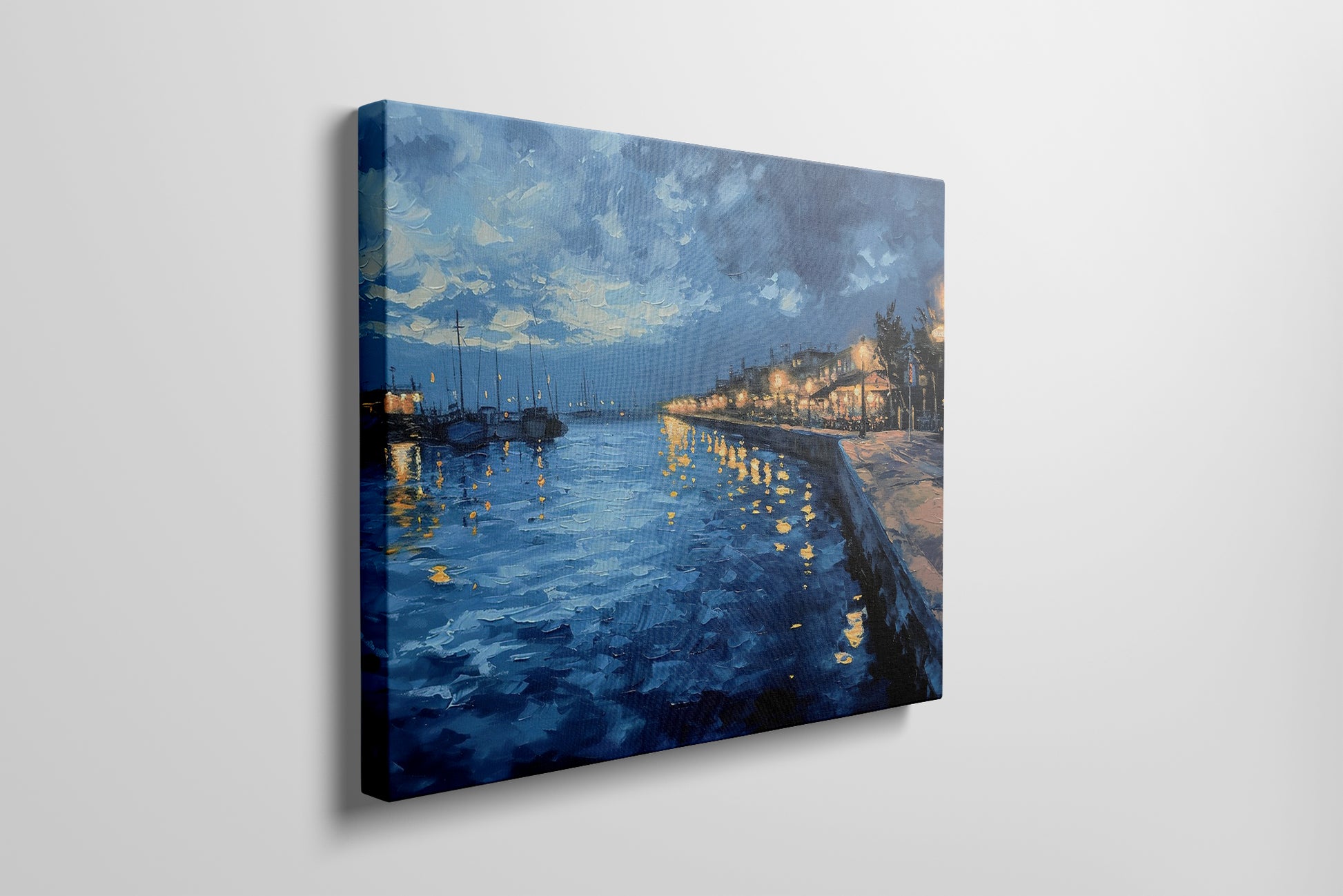 Framed canvas print of twilight seascape with vivid blue waters and illuminated harbour lights