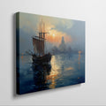 Impressionist Canvas Print of a Sailing Ship at Sunset with Golden and Blue Hues