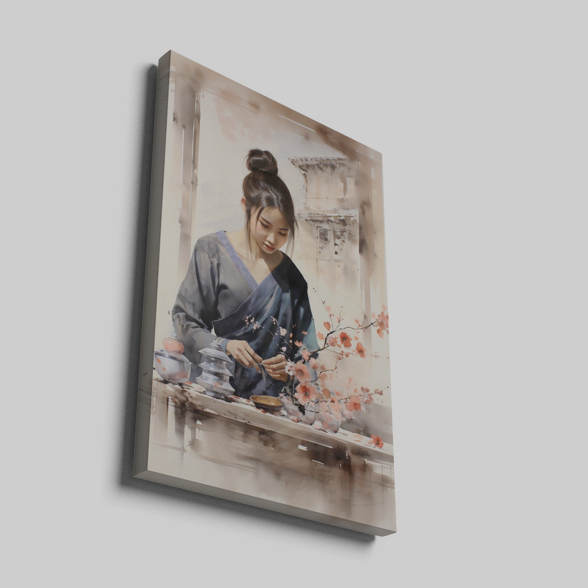 Framed canvas print of an elegant Asian woman with traditional clothing and cherry blossoms