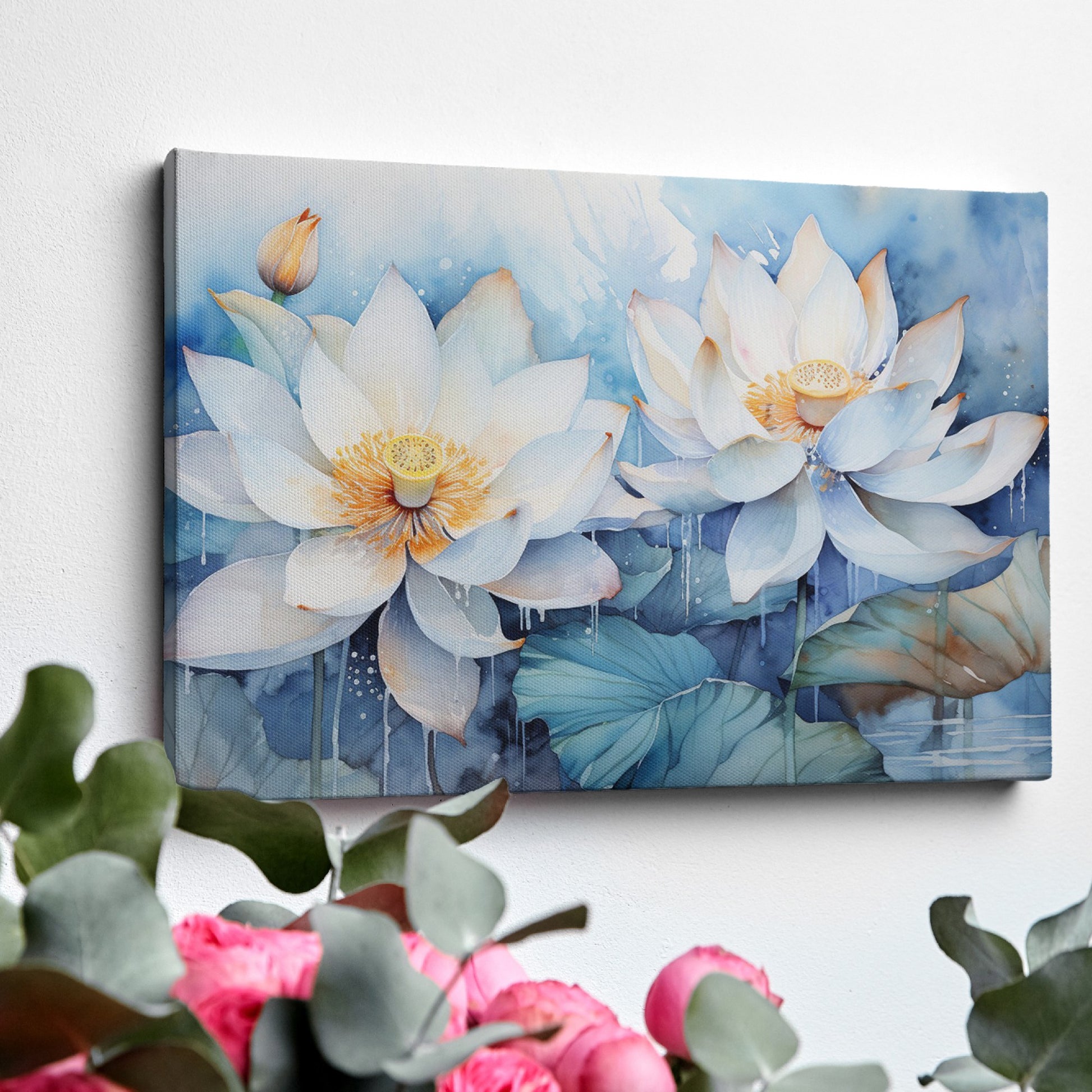 Framed canvas print of ethereal watercolor lotus flowers in tranquil blue hues