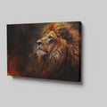 Framed canvas print of a realistic lion portrait with fiery mane