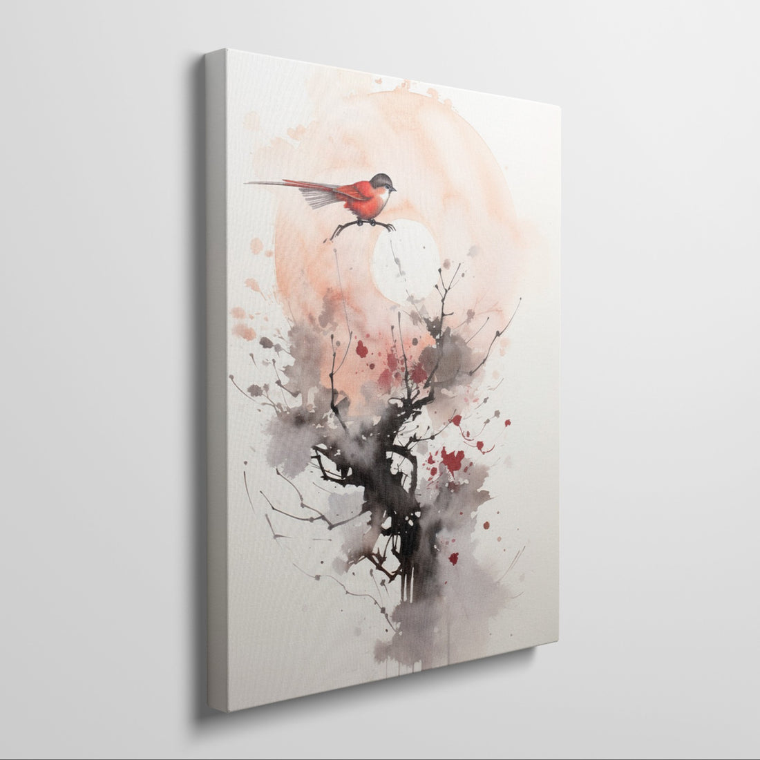 Abstract watercolor artwork featuring a red bird on a tree branch with beige and gray splash background.