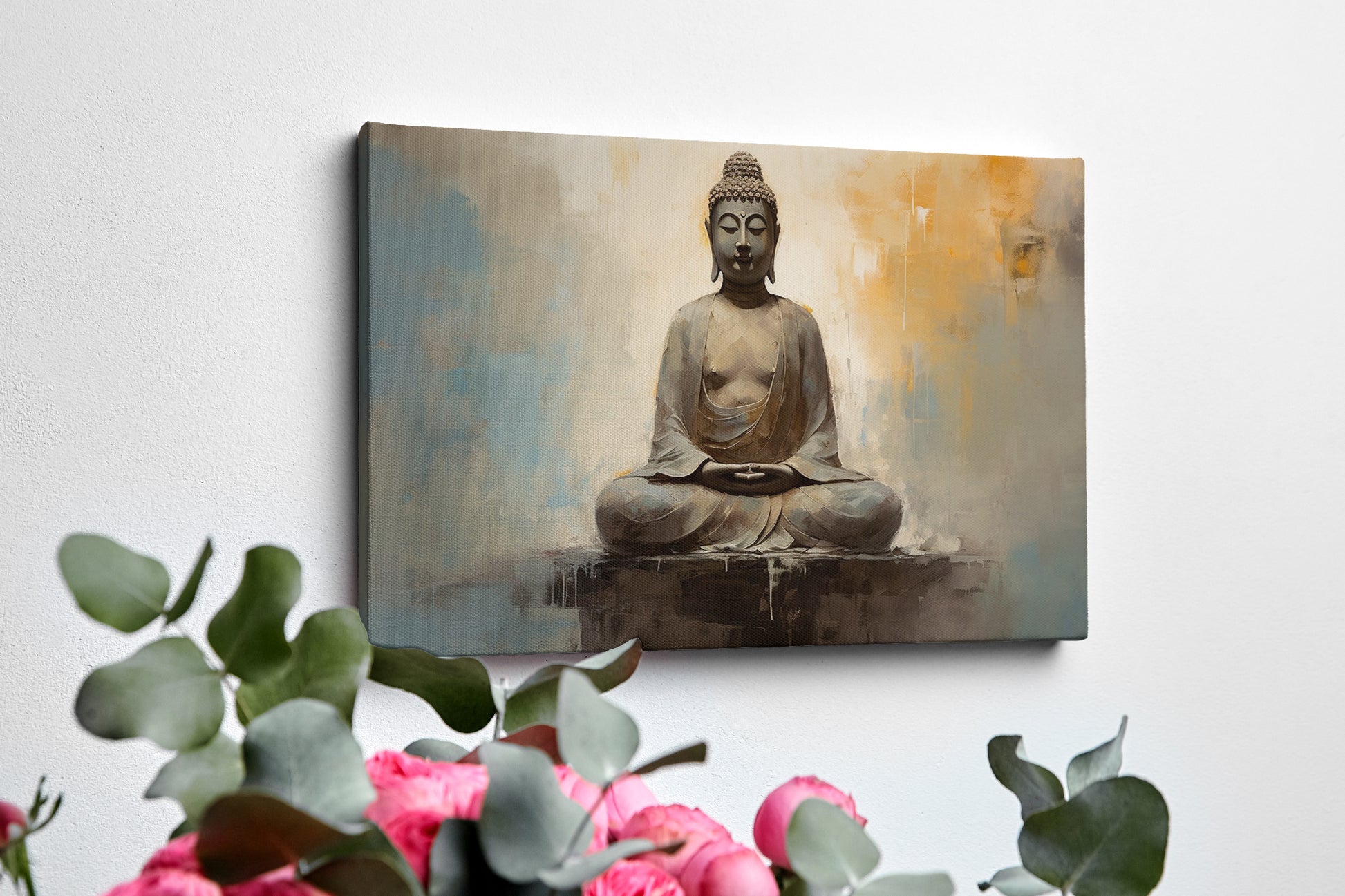 Framed canvas print of a serene Buddha in meditative pose with abstract warm and neutral tones