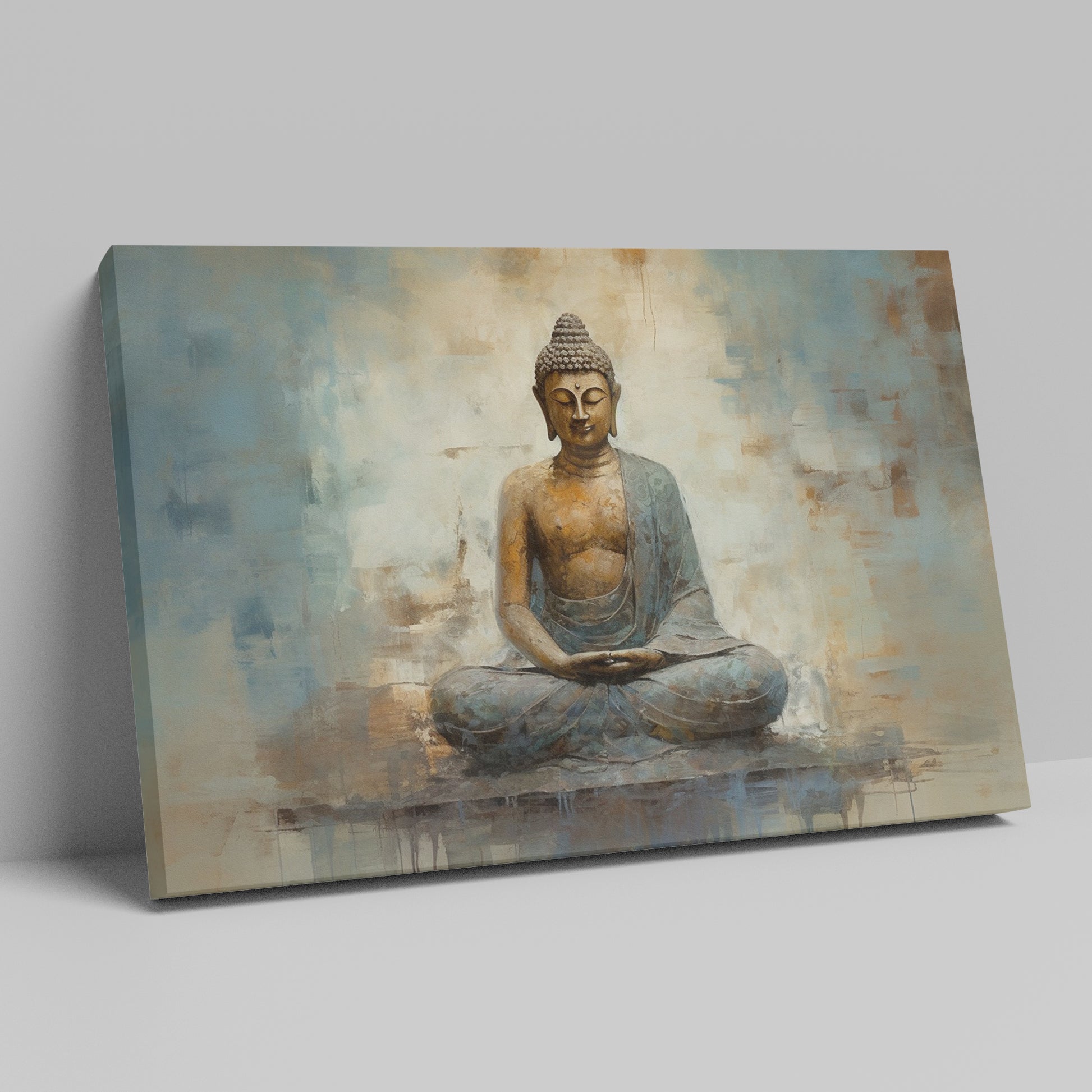 Framed canvas print of a serene Buddha in meditative pose with abstract earthy background