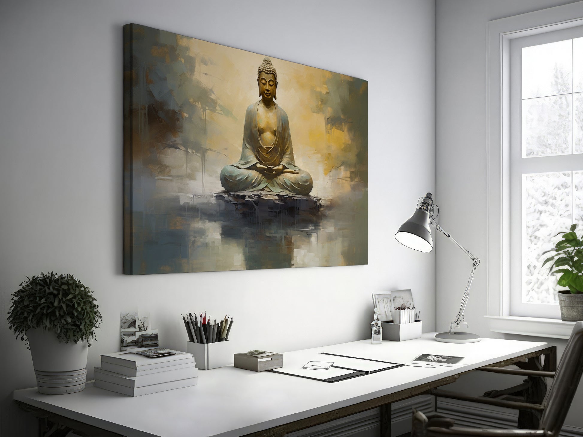 Framed canvas print of a serene Buddha in meditation with abstract golden backgrounds