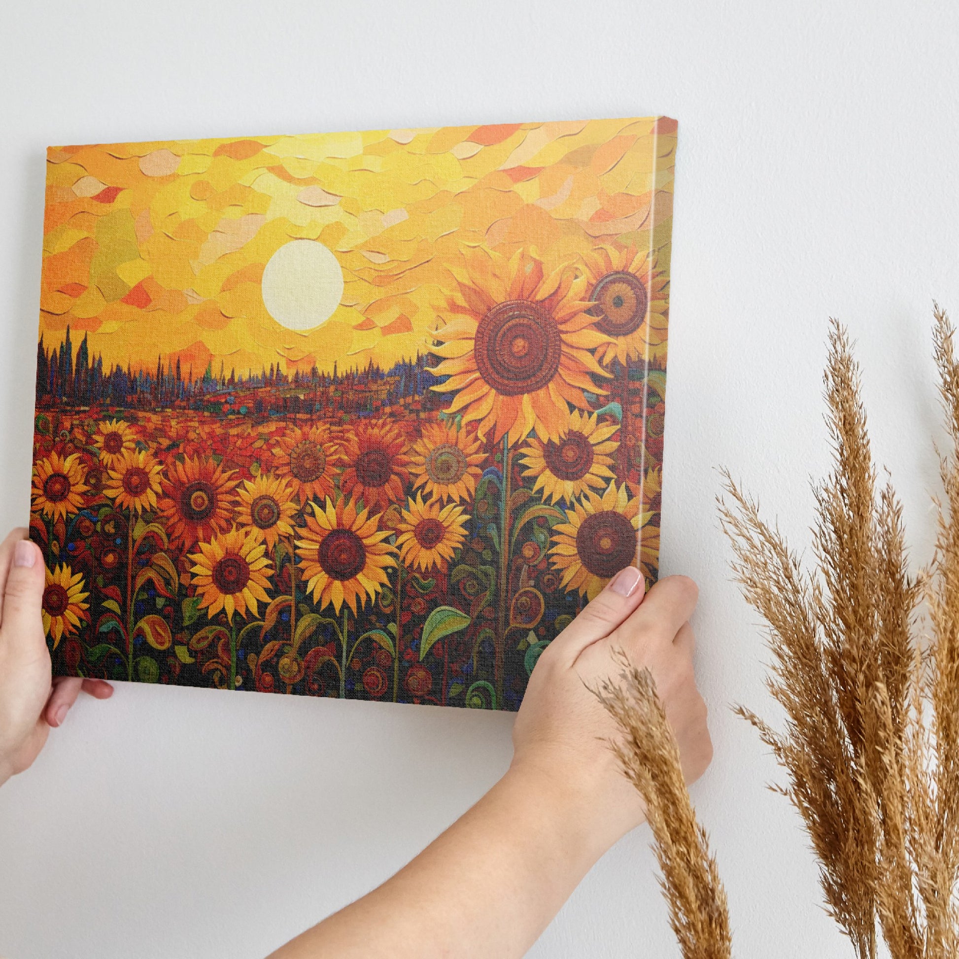 Framed canvas print of sunflowers beneath a golden sunset in an illustrative style