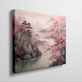 Framed canvas print of Oriental landscape with cherry blossoms and misty mountains