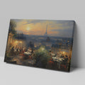 Framed canvas print of a Parisian sunset with diners on a balcony overlooking the Eiffel Tower