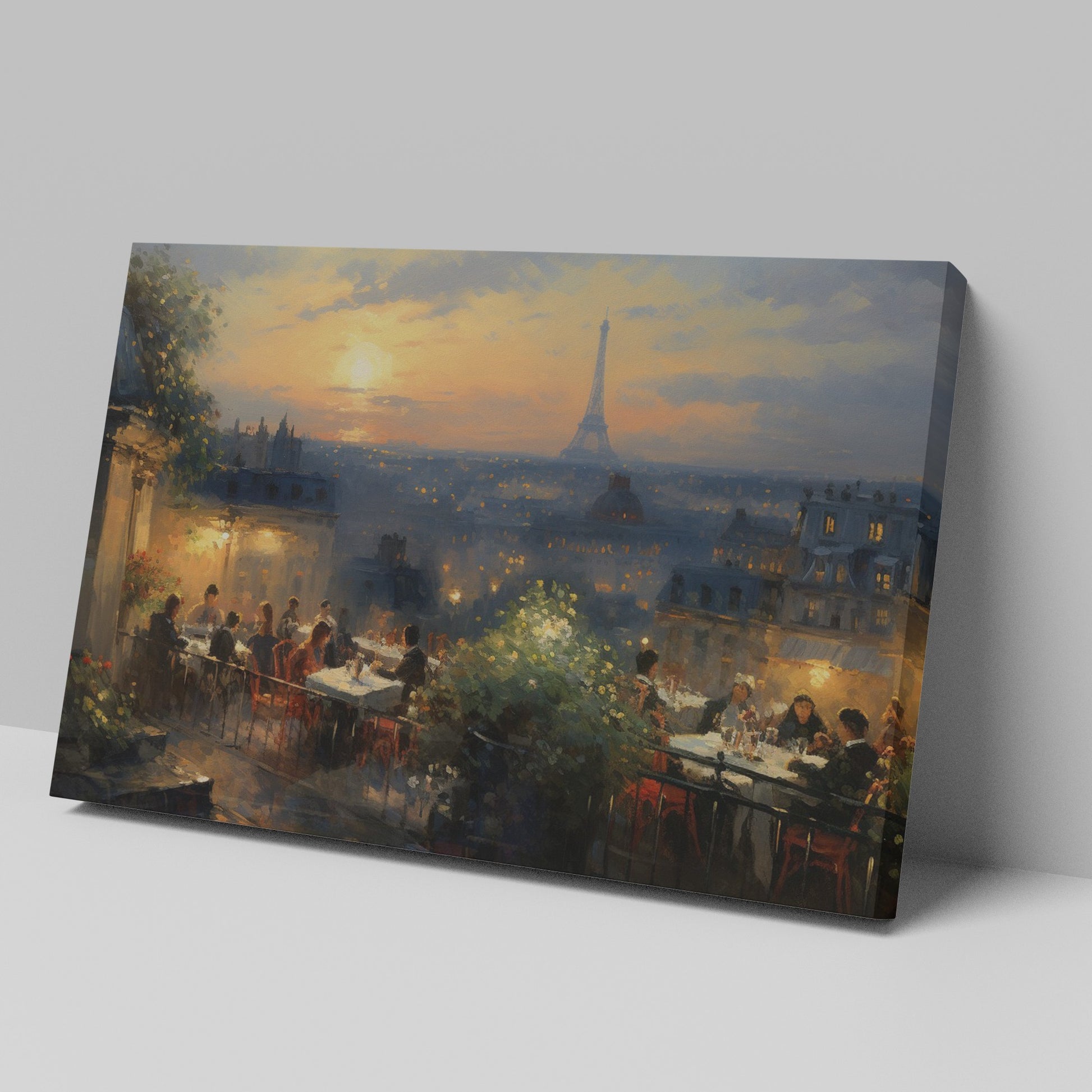 Framed canvas print of a Parisian sunset with diners on a balcony overlooking the Eiffel Tower