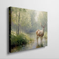 Framed canvas print depicting an impressionistic scene of a deer in a lush green forest with sunlight filtering through