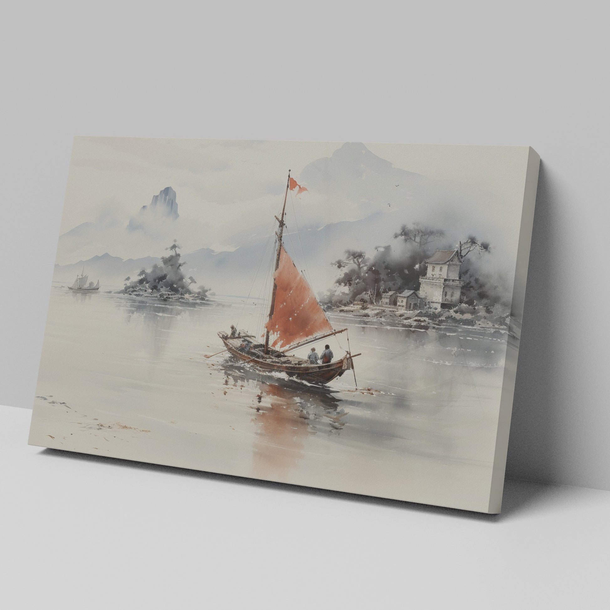 Framed canvas print of traditional Chinese painting featuring a sailboat, misty mountains, and historical architecture