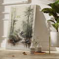 Framed canvas print of tranquil bamboo forest and stream in watercolour