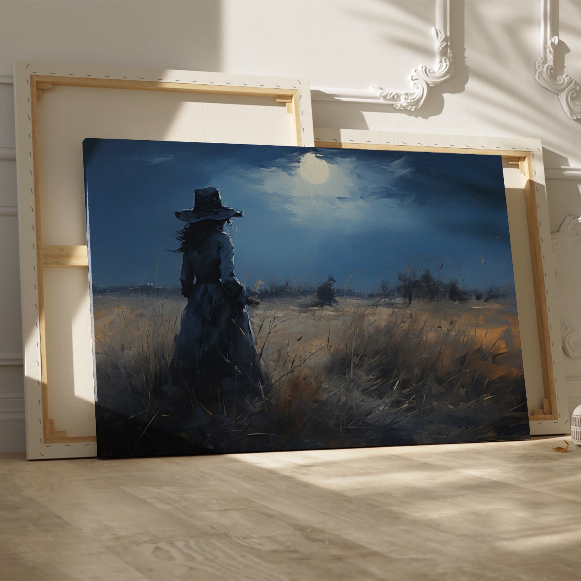 Framed canvas print of a woman in a twilight field under a glowing moon