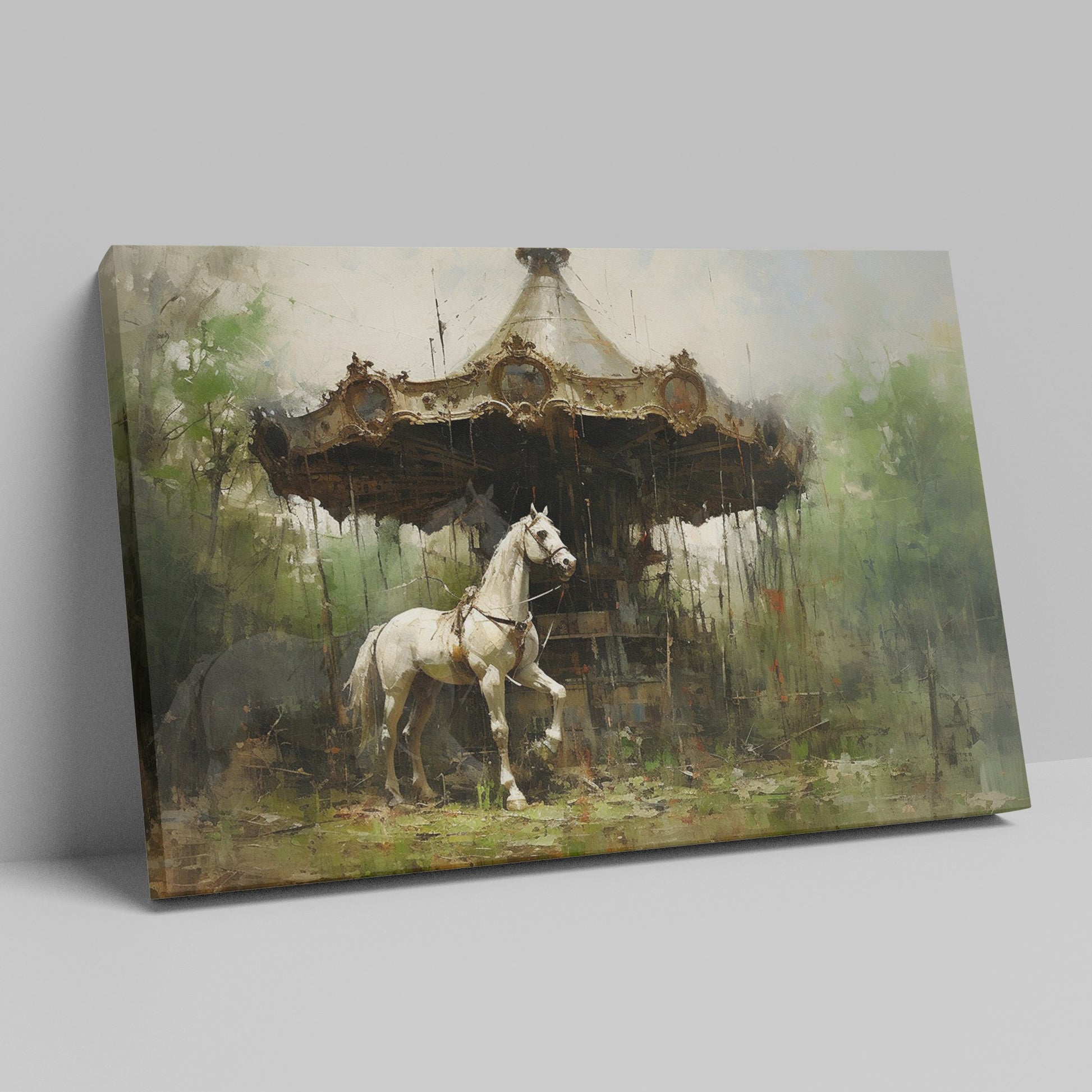 Framed canvas print of a nostalgic vintage carousel horse infront of a forgotten carousel