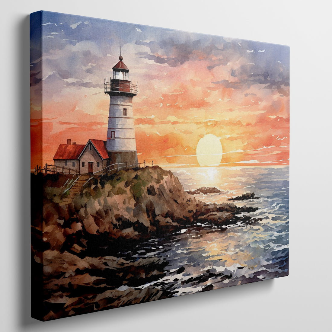 Watercolor painting of a lighthouse during a vibrant sunset with ocean and cliffs