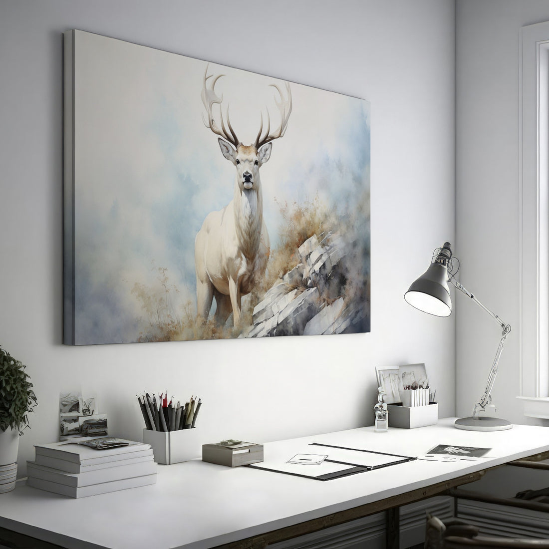 Framed canvas print of a majestic stag in a misty, ethereal forest landscape