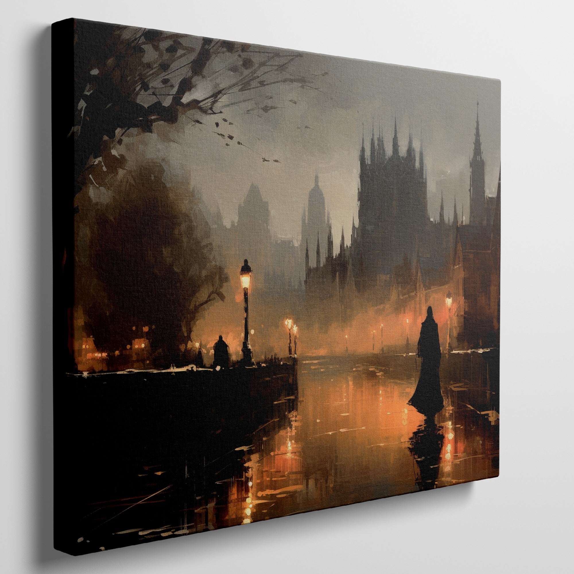 Framed canvas print of a gothic cityscape at twilight with warm glows and a shadowy figure