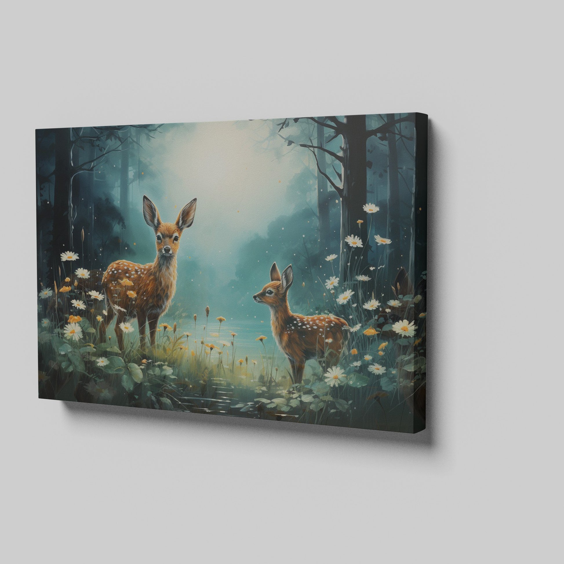 Framed canvas print of two fawns amidst a mystical forest with blooming daisies