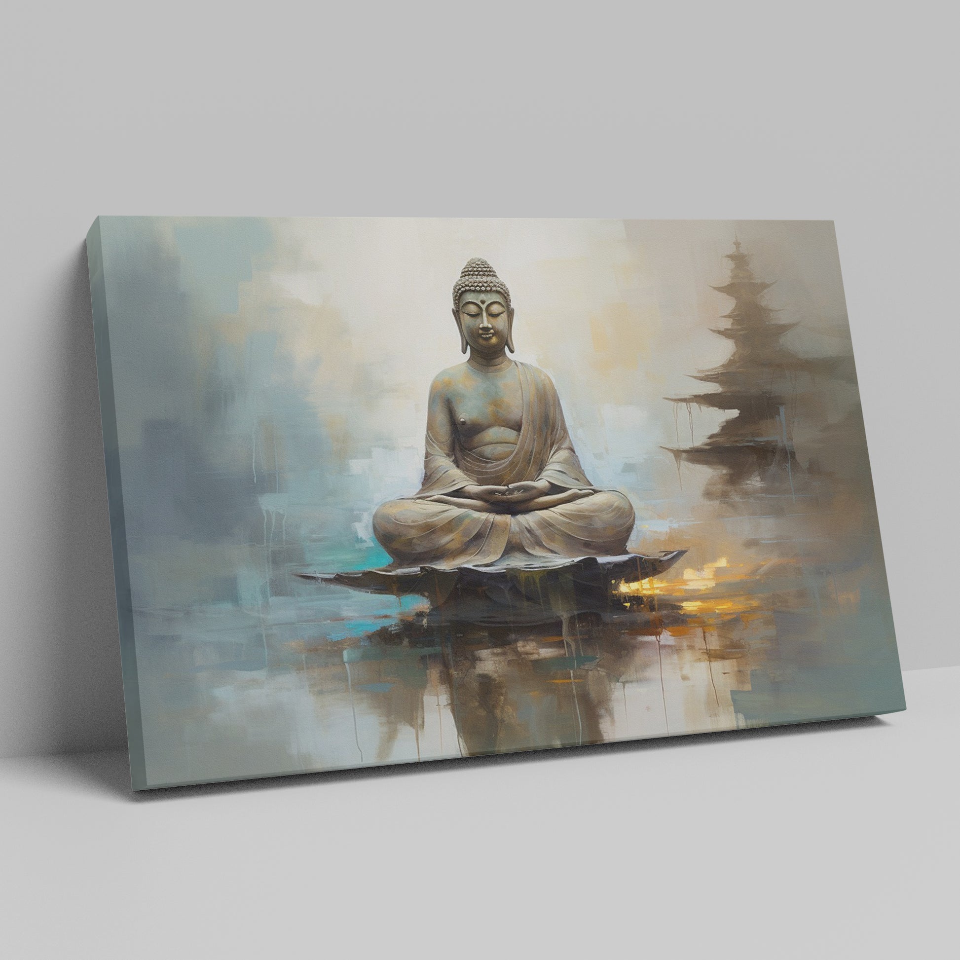 Framed canvas print of a serene Buddha in meditation with warm and earthy tones