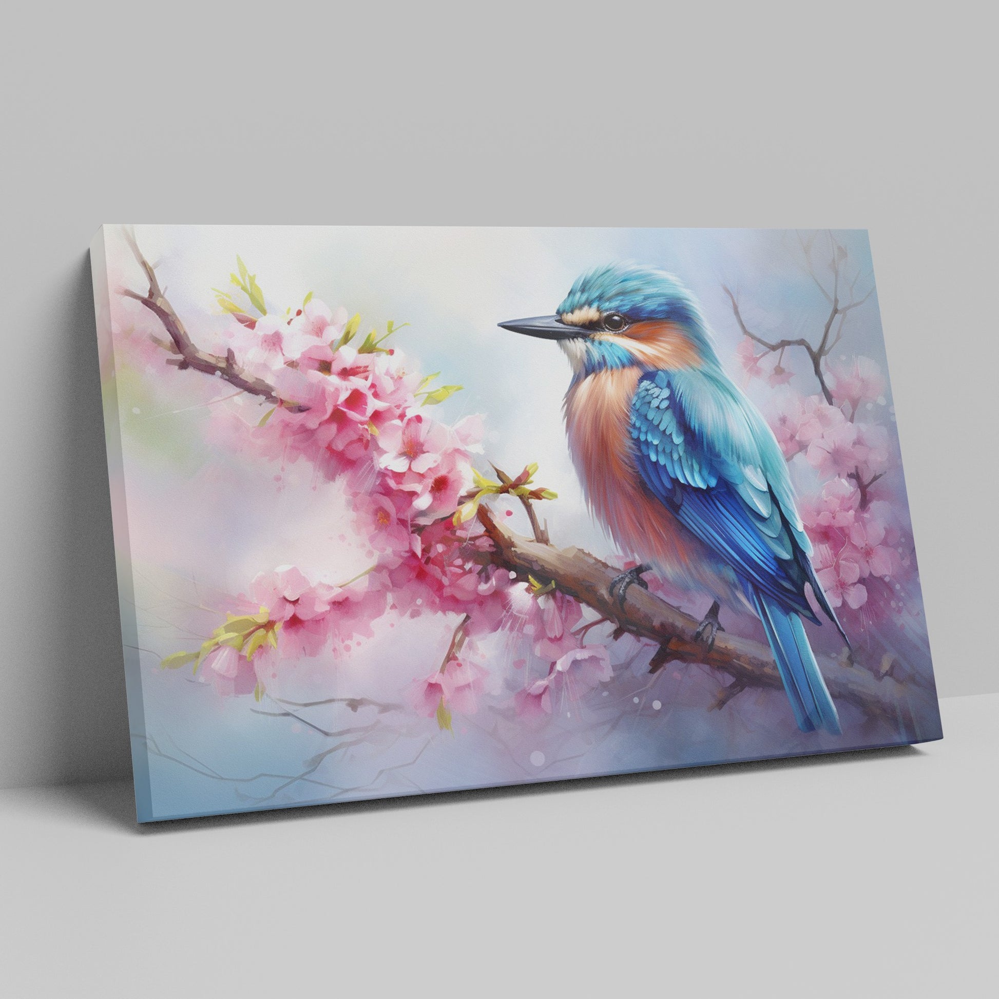 Framed canvas print of a vibrant kingfisher on a flowering cherry blossom branch