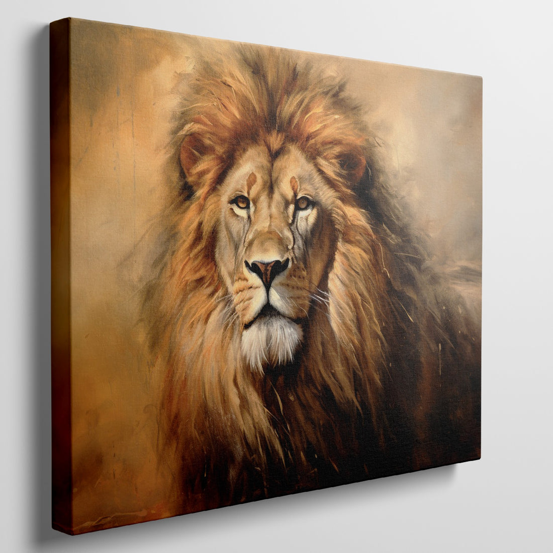 Framed canvas print of a majestic lion portrait with a warm golden colour scheme