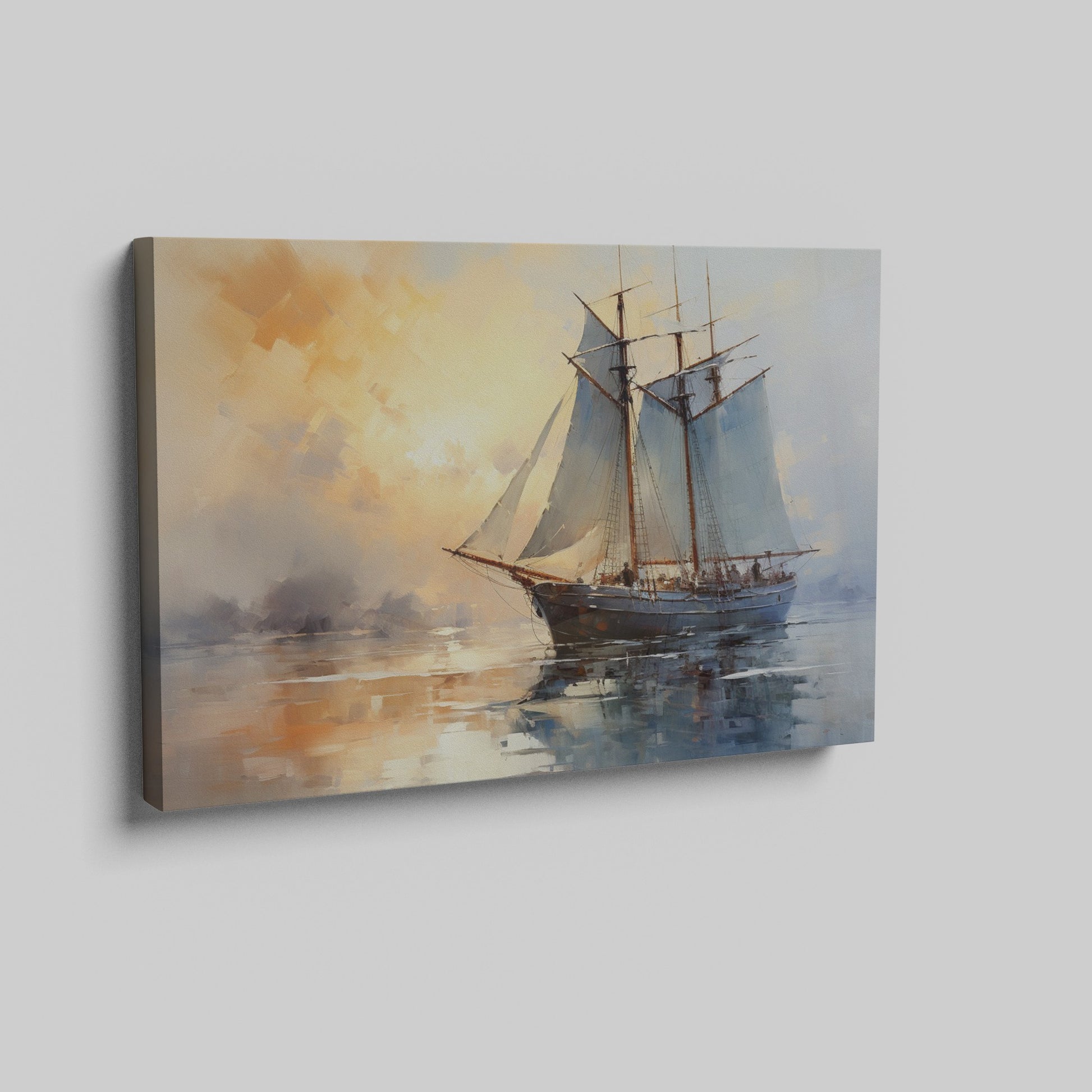 Framed canvas print of an impressionist painting featuring a sailboat against a sunset sea with warm orange and cool blue hues