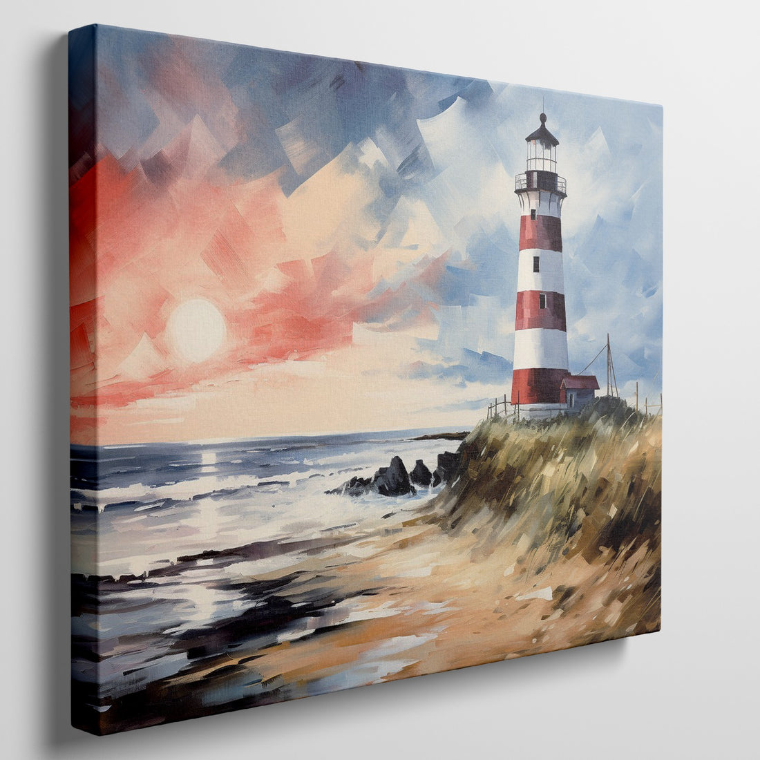 Impressionistic painting of a red and white lighthouse at sunset with vivid blue and orange sky