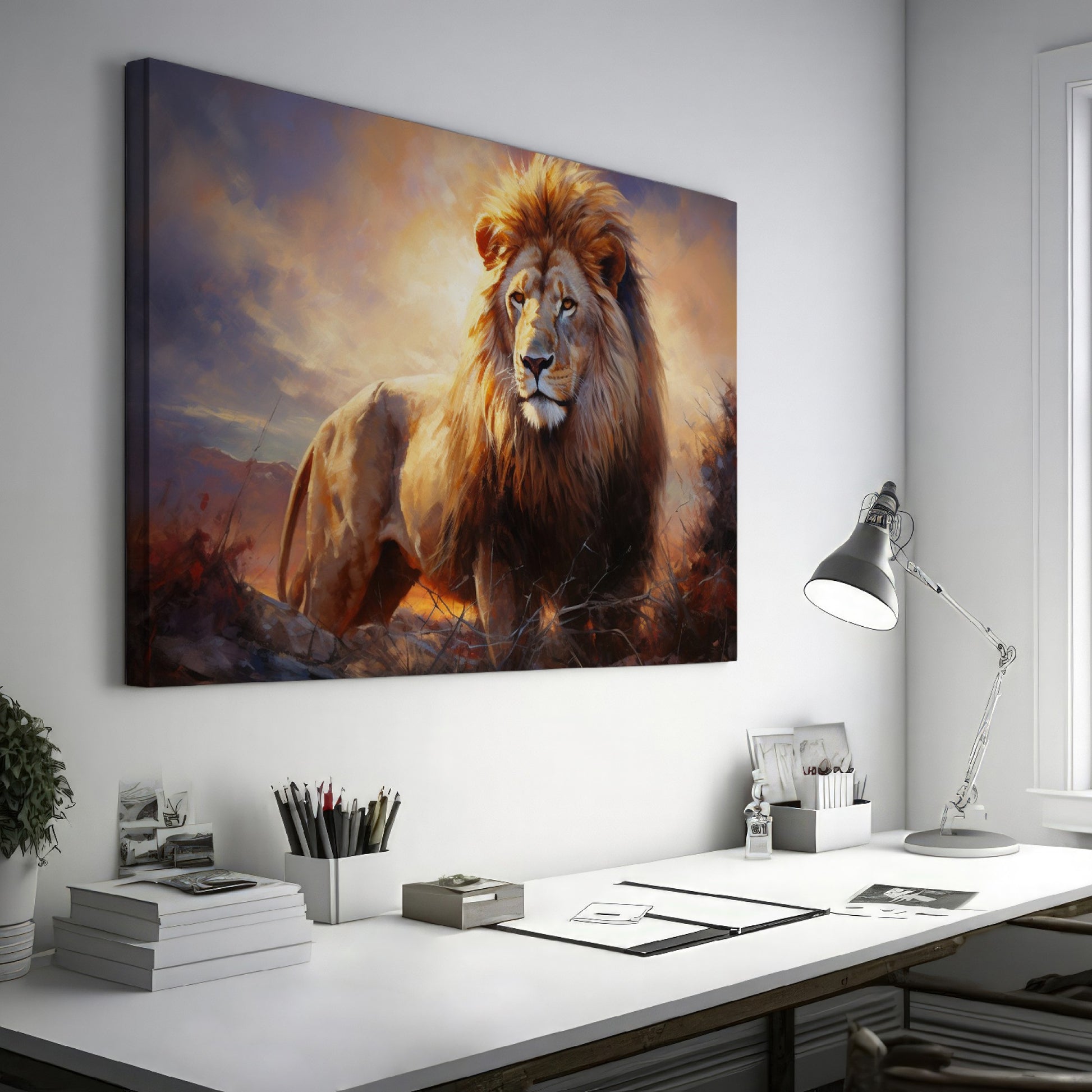 Framed canvas print of a majestic lion against a fiery sunset background