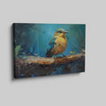 Framed canvas print of a vibrant blue and golden bird on branch with impasto texture