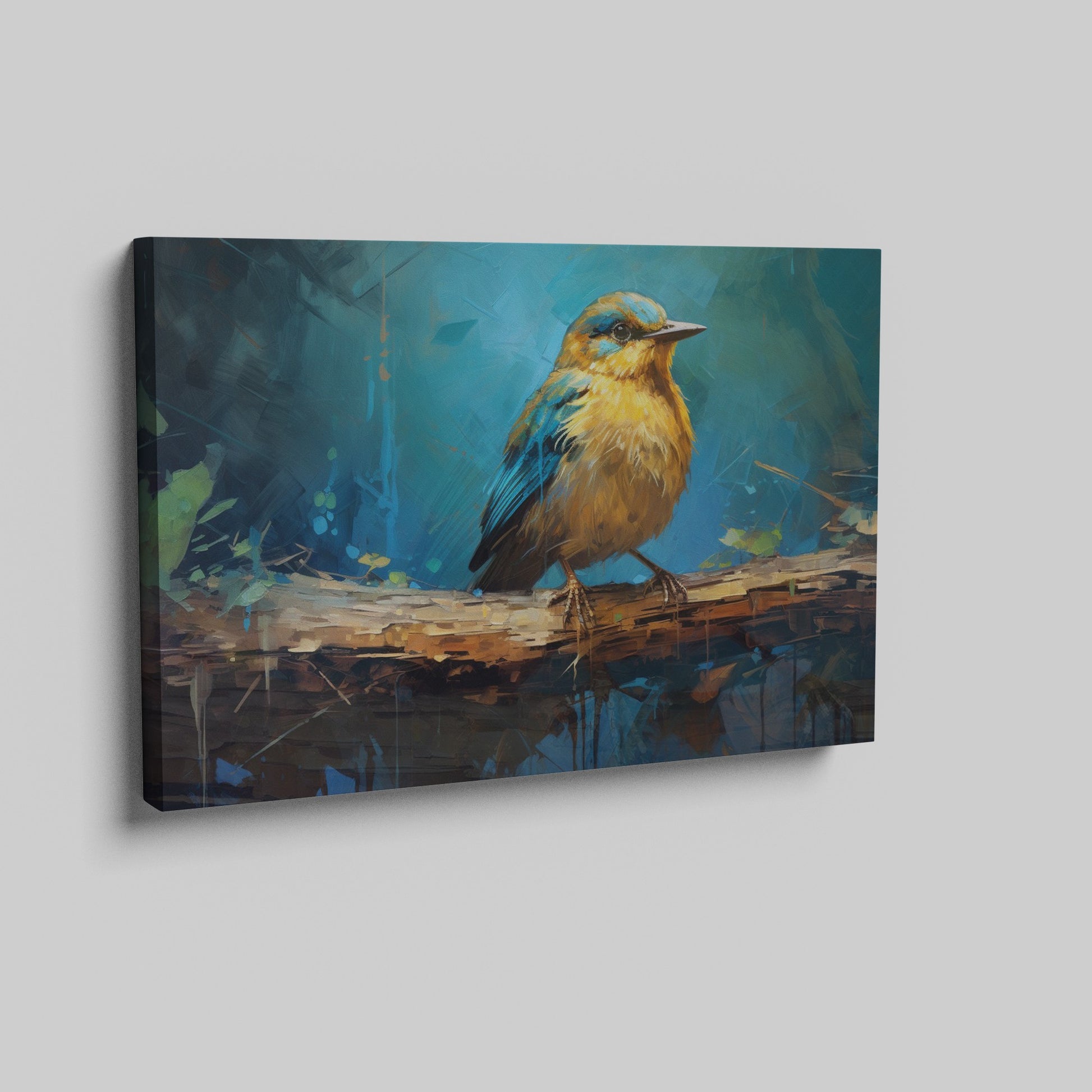 Framed canvas print of a vibrant blue and golden bird on branch with impasto texture