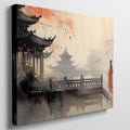 Framed canvas print of traditional Chinese ink wash painting with figures in orange robes and pagodas