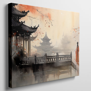 Framed canvas print of traditional Chinese ink wash painting with figures in orange robes and pagodas