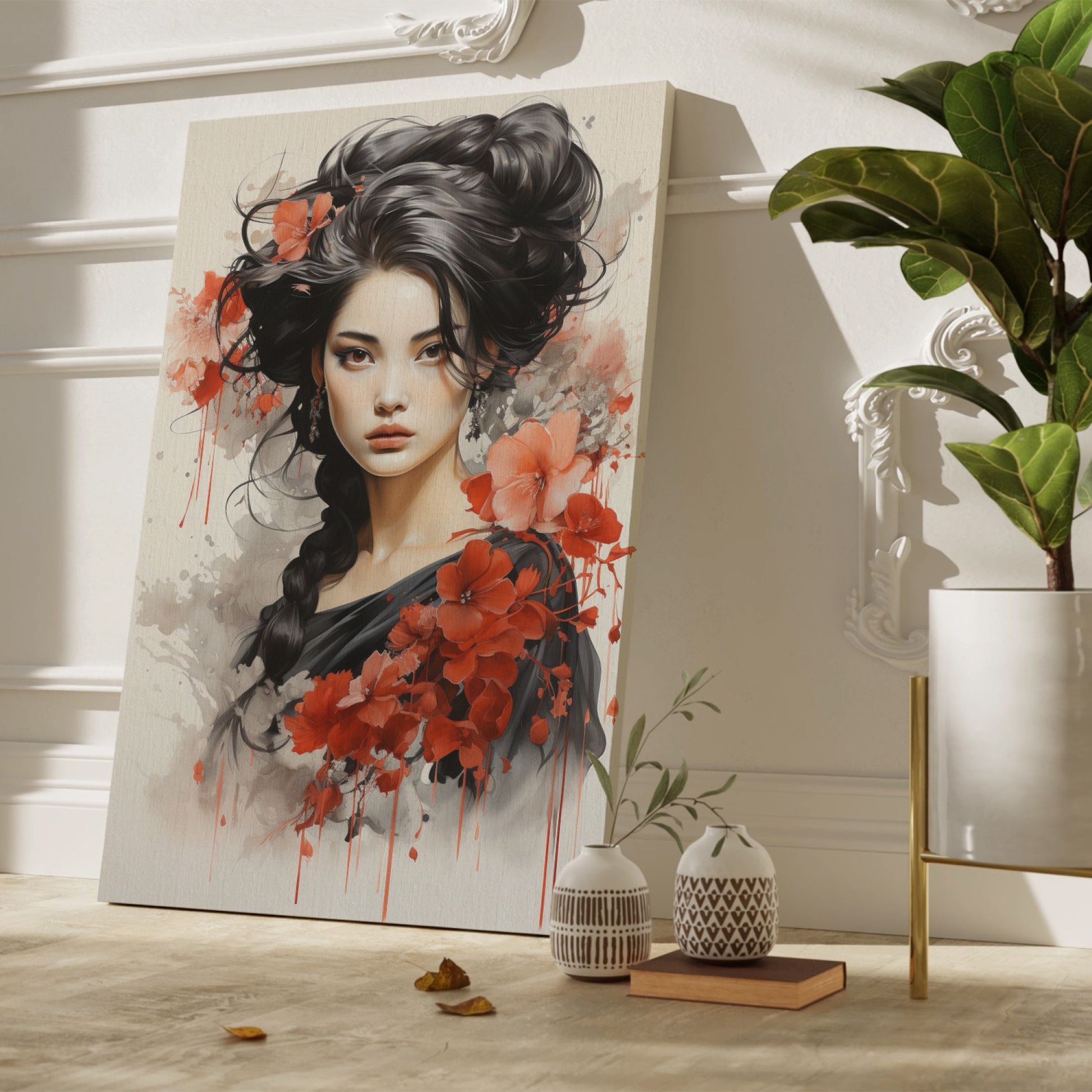 Framed canvas print of a stylised portrait of a woman with red poppies and monochrome elements