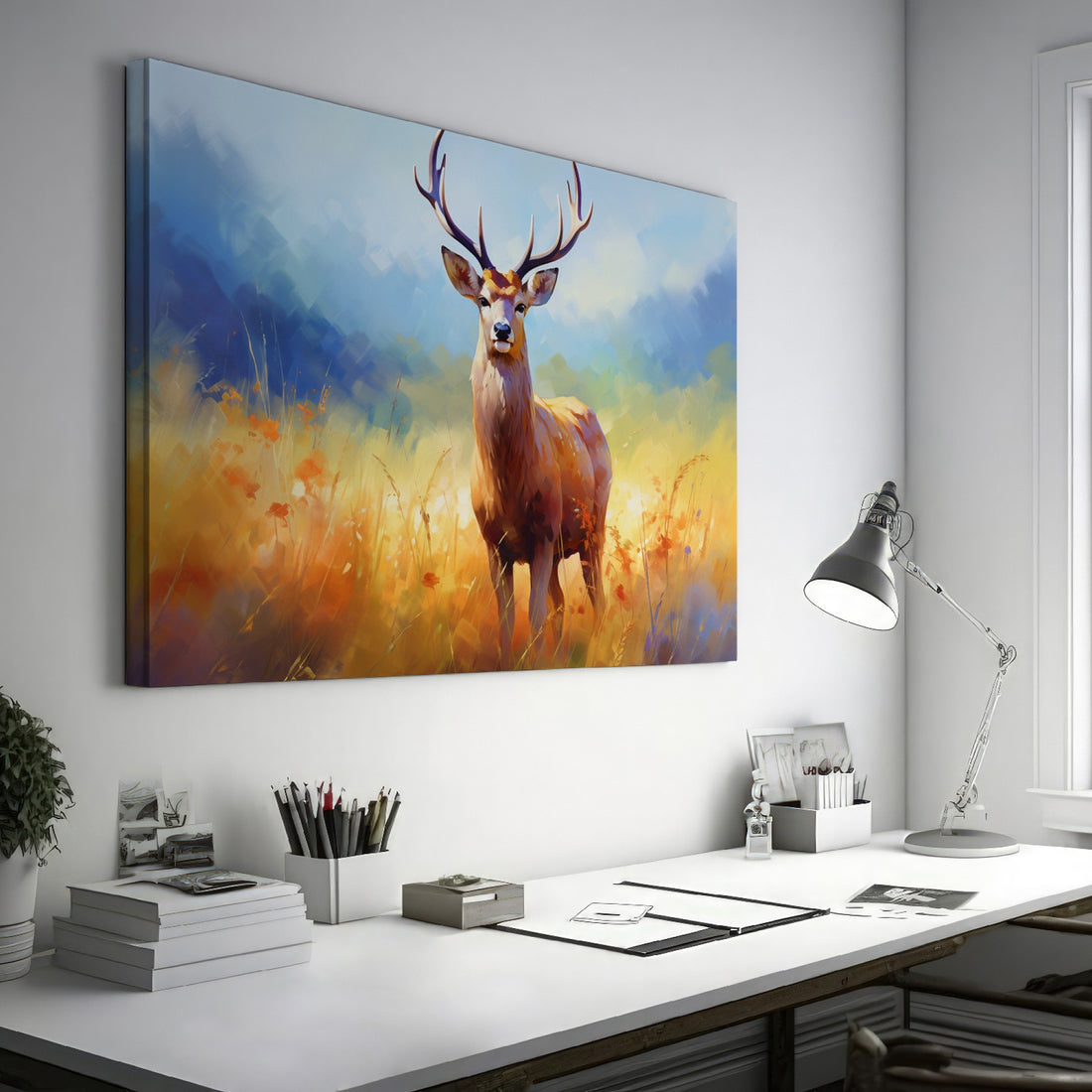 Impressionist-style canvas painting of a stag in a sunny meadow with blue and golden tones