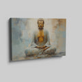 Framed canvas print of a serene Buddha in meditation with abstract elements and warm colour palette