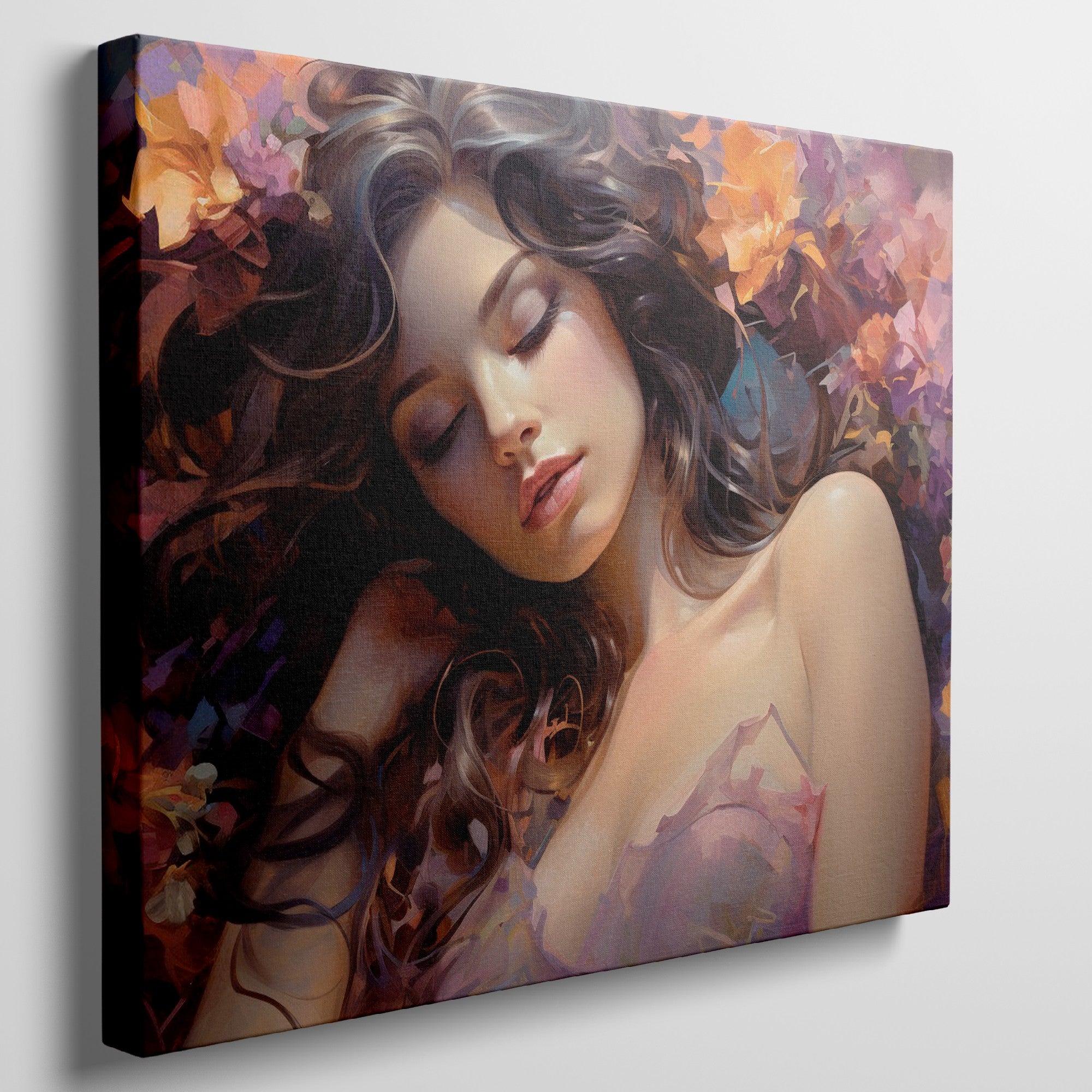 Framed canvas print of a sensuous woman amidst vibrant flowers