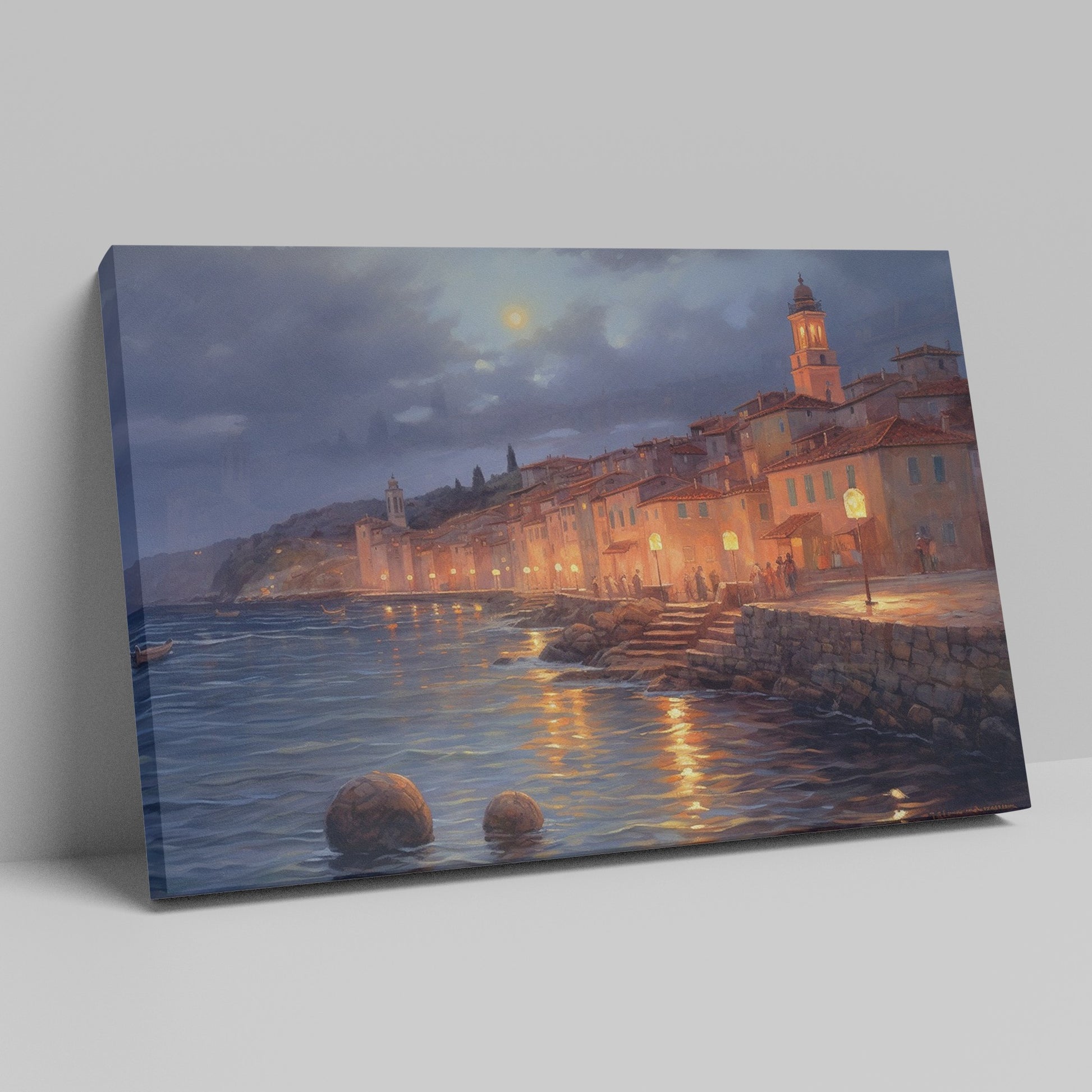 Framed canvas print of a moonlit Mediterranean coastal town with glowing street lamps