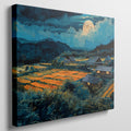 Framed canvas print of a moonlit countryside scene with vibrant fields and rustic homesteads