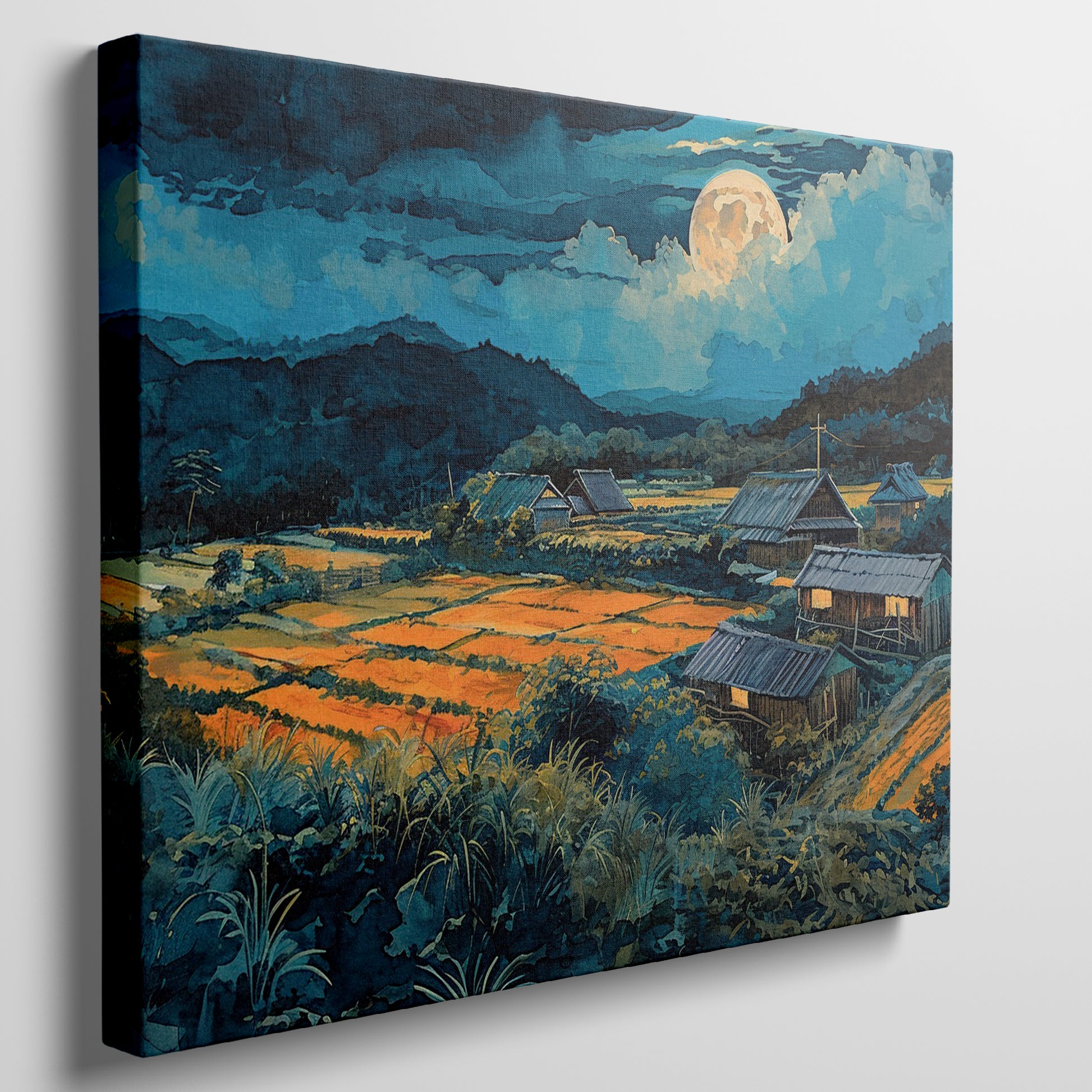 Framed canvas print of a moonlit countryside scene with vibrant fields and rustic homesteads