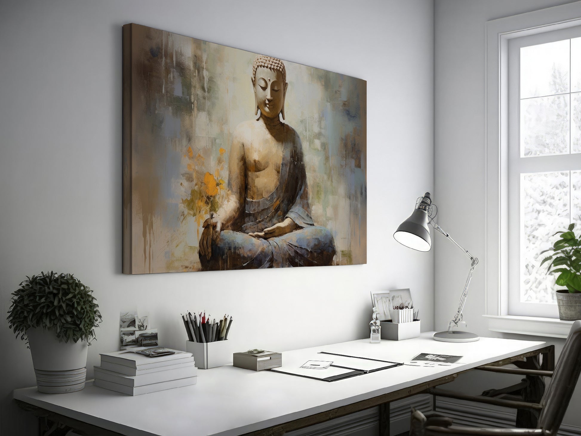 Framed canvas print of a serene meditative Buddha with abstract elements and earthy tones