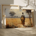 Framed canvas print of an impressionist African Savannah with a woman in traditional dress and elephant herd