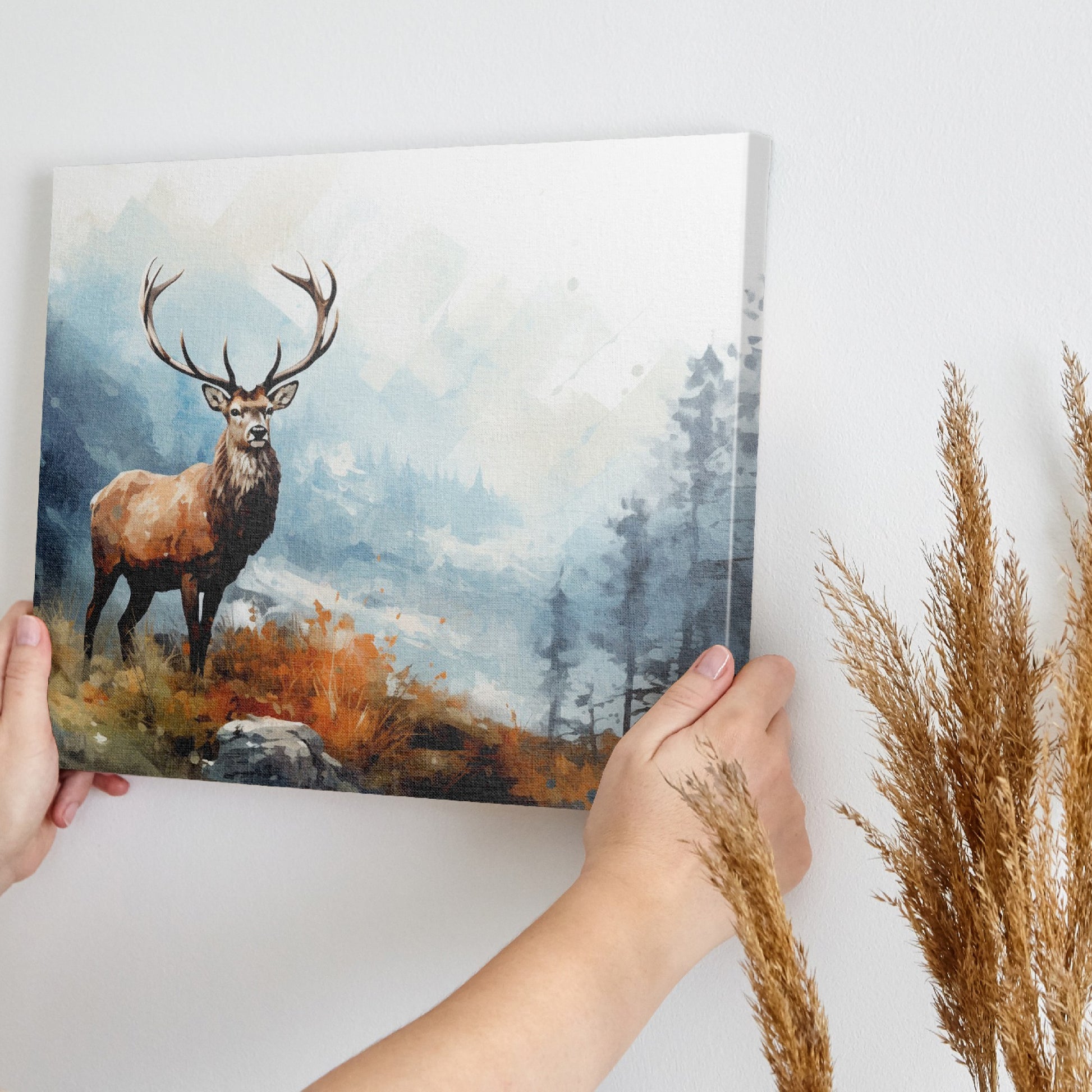 Framed canvas print of a majestic stag in a tranquil autumn forest