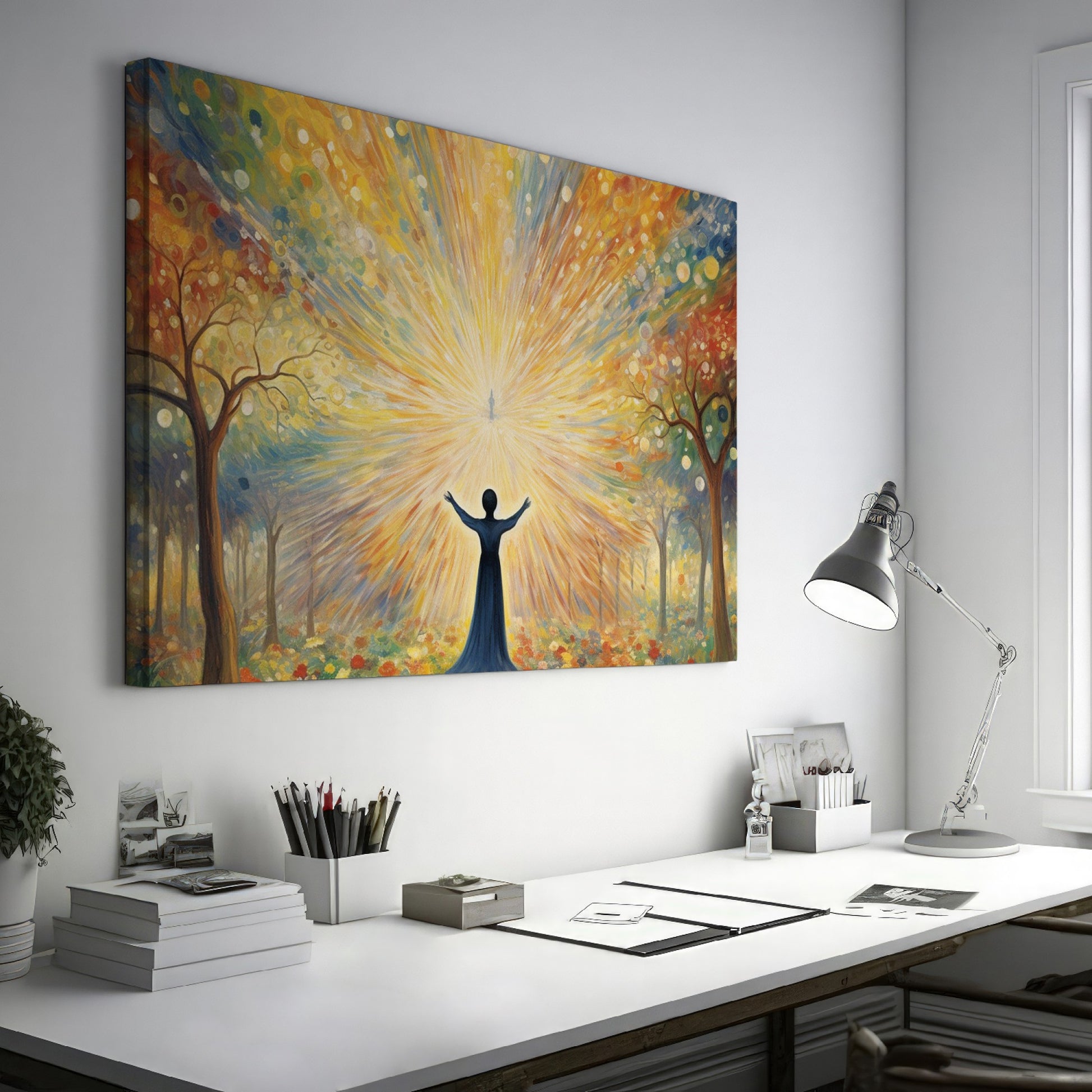 Framed canvas print of a figure silhouetted against a radiant background with mystical trees and glowing orbs.