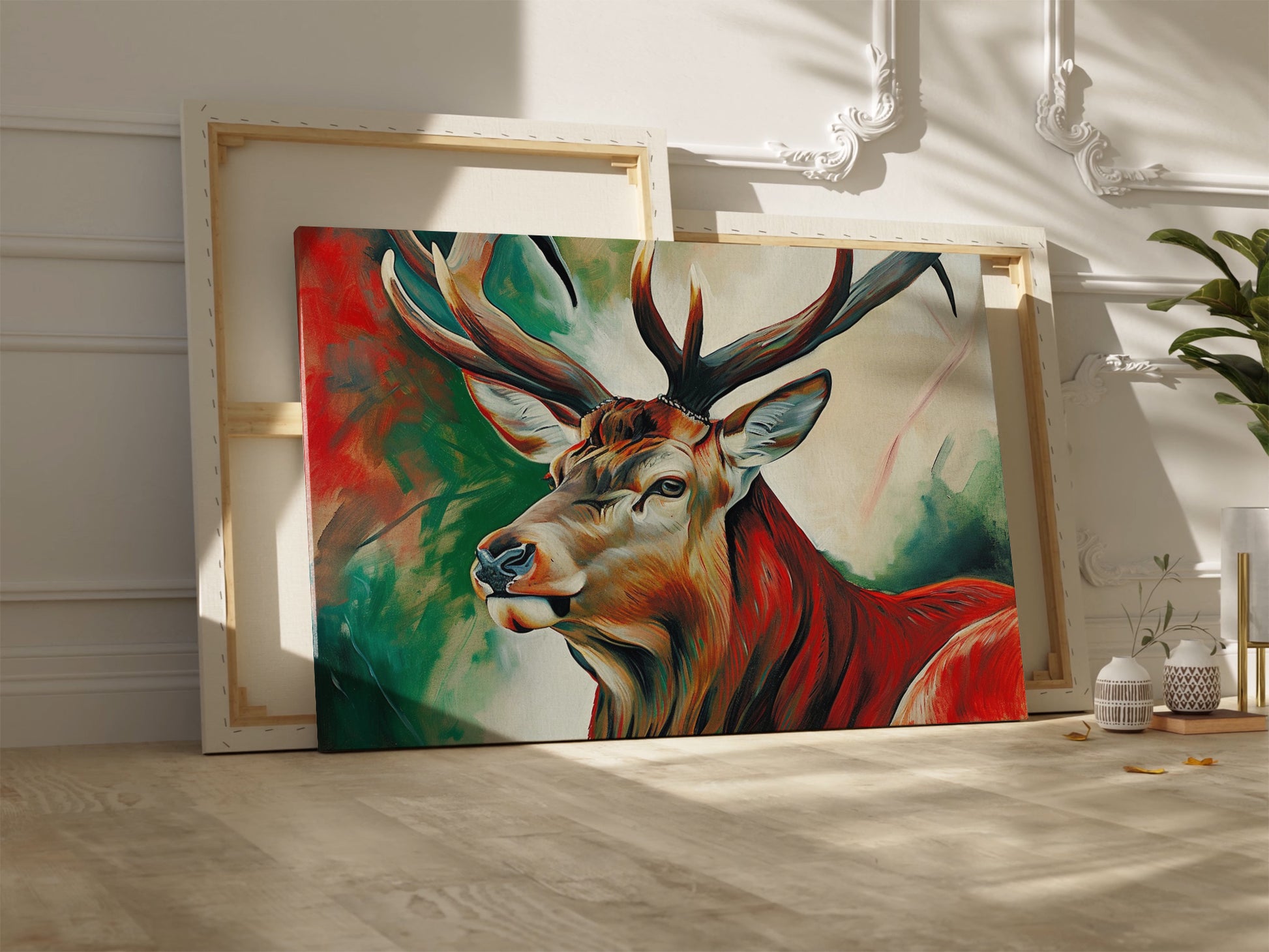 Framed canvas print of a vibrant, abstract impressionistic stag with bold colours and brushstrokes