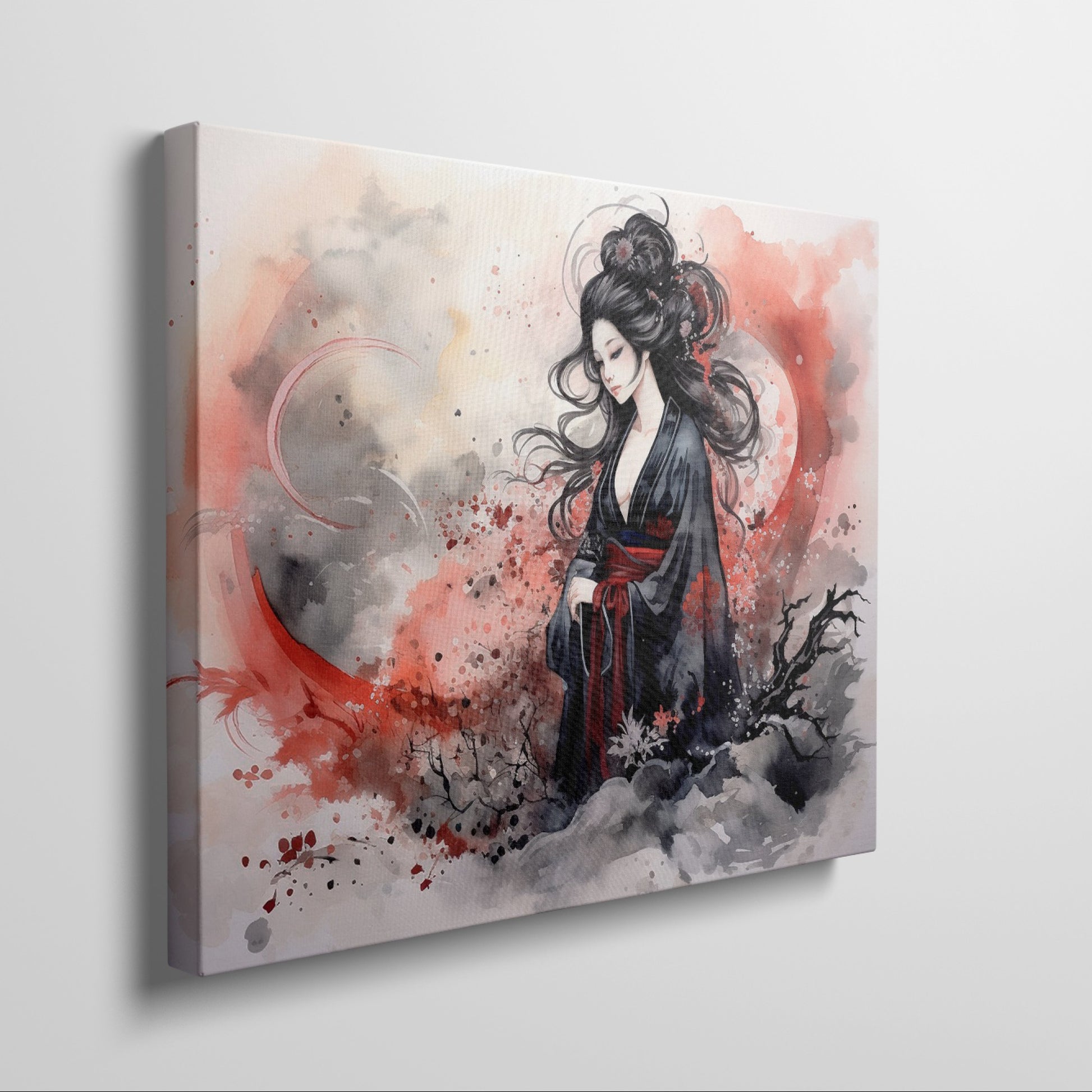 Framed canvas print of a traditional Japanese Geisha in watercolour with a misty backdrop of red and grey