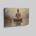 Framed canvas print of a meditative Buddha against a calming sunset and reflective water