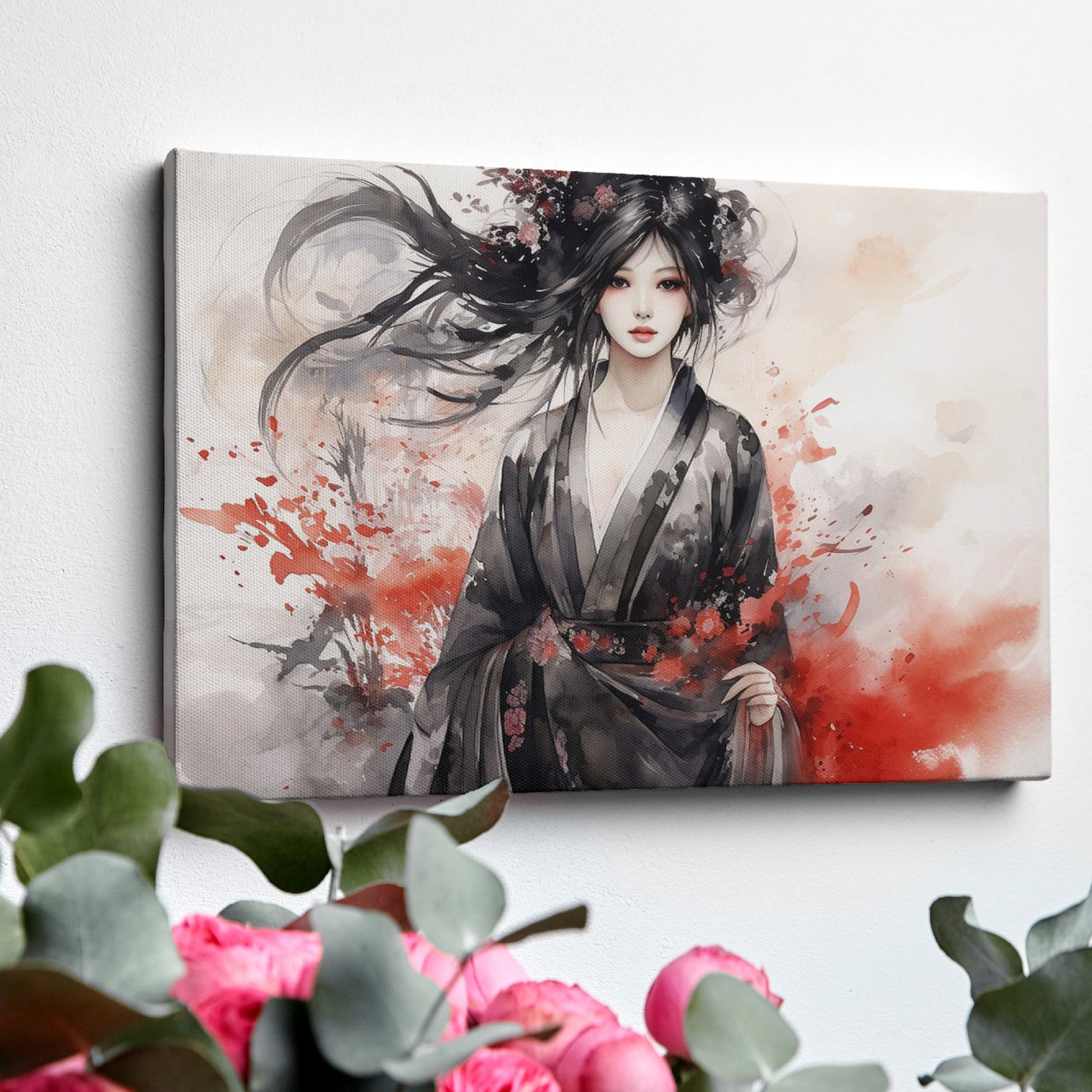 Framed canvas print of an ethereal geisha in ink and watercolour with red splashes