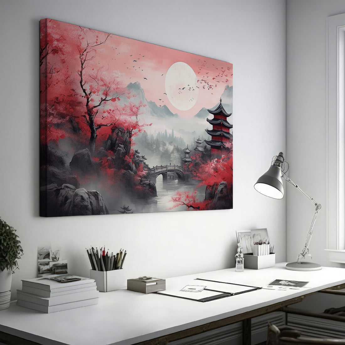 Framed canvas print of Oriental landscape with cherry blossoms and pagodas under a full moon